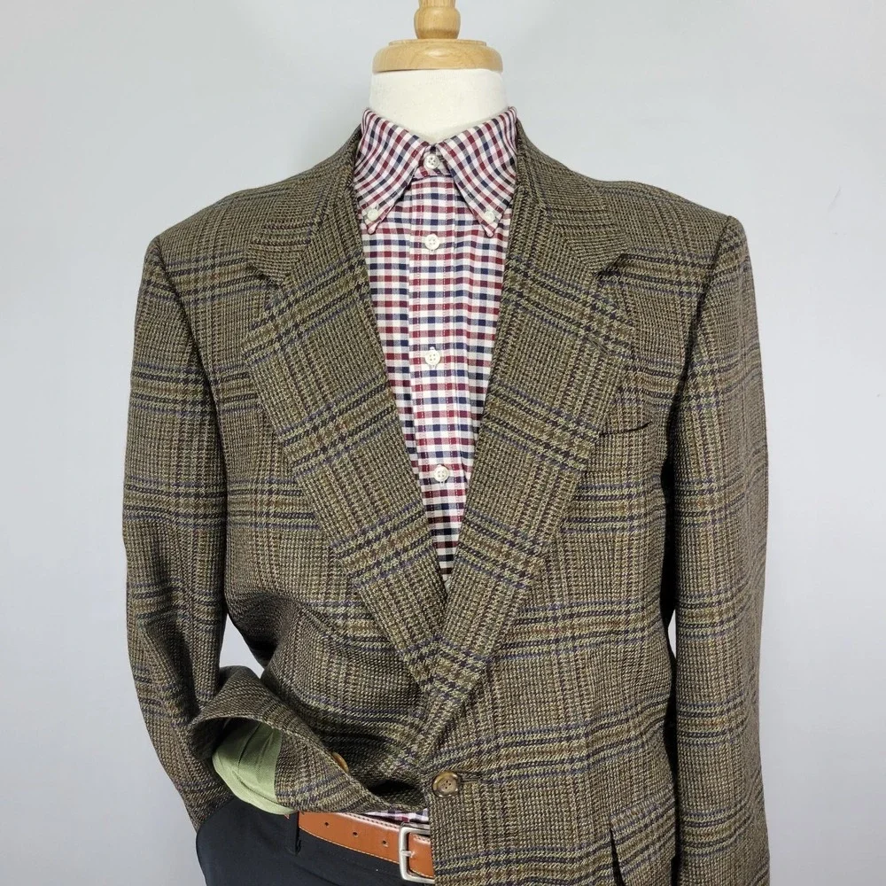 Oscar De‎ La Renta Men's Sport Coat Blazer Two Button Olive Tweed Plaid Wool 44R